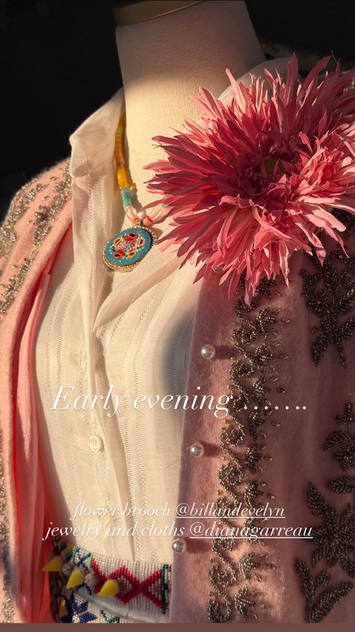 Pink spider mum flower pin worn on a sweater, Bill & Evelyn