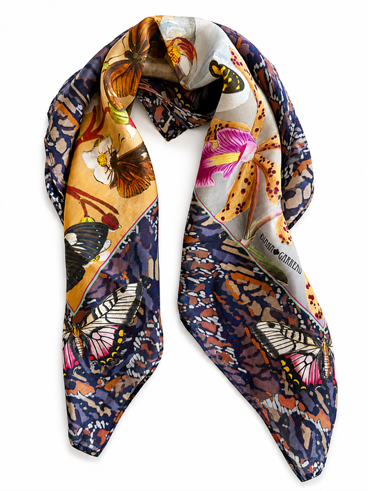 Wild Abandonment orchid and butterfly silk scarf by Diana Garreau, knotted