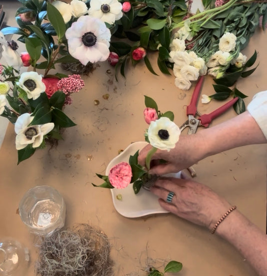 Garden-style floral centerpiece by Sussanna Davidson, from The Evelyn Garden Centerpiece beginner floral arranging video tutorial