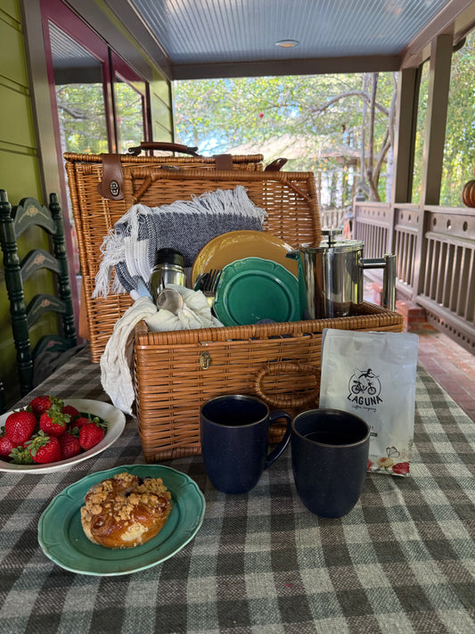 Vintage coffee picnic basket for two with fine china plates and linen napkins, Good Morning Evelyn by Bill & Evelyn