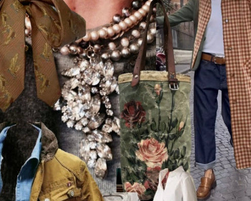 Collage of fashion items including coats, shoes, and accessories with a blurred background.