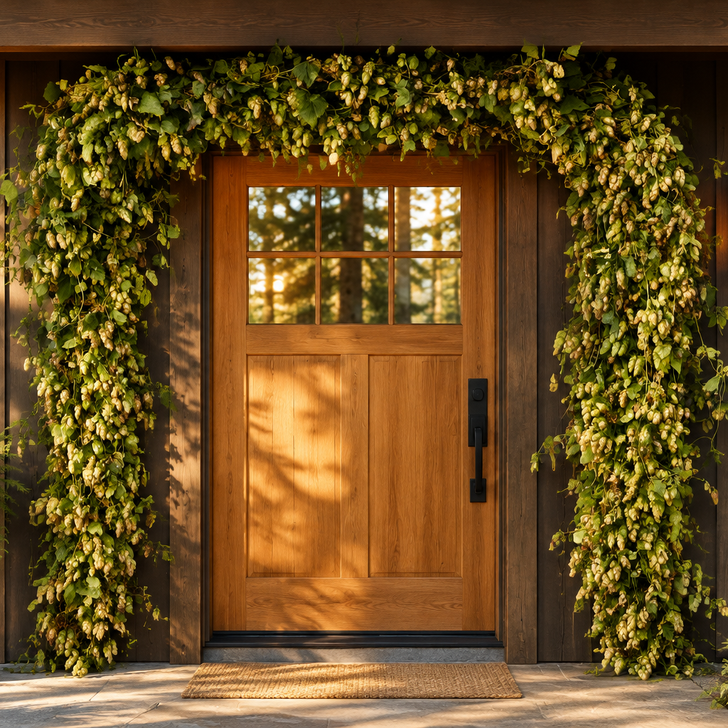 Fresh hops vine garland draped around a modern cabin door